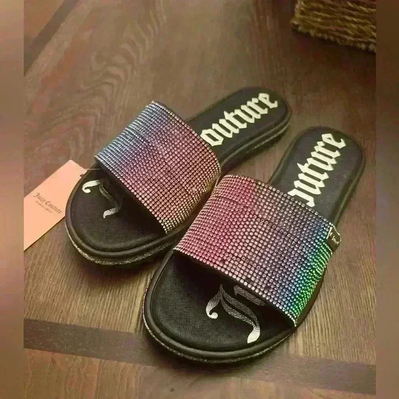Juicy Couture Womens Slip On Rainbow Bling Rhinestone Slides Sandals Size 5M NEW - Picture 1 of 5